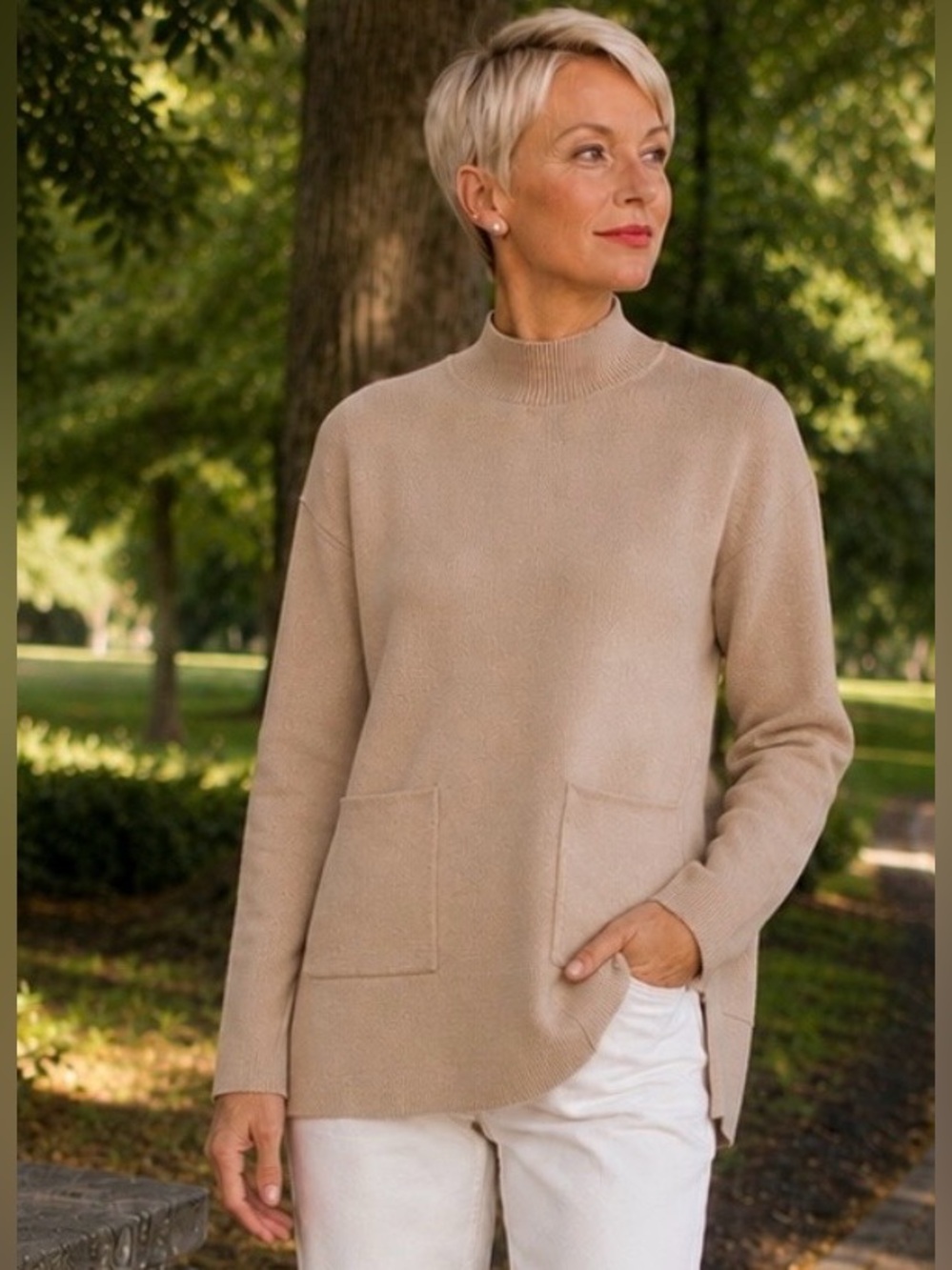 Chico’s Milano Stitch Mock Neck Sweater Small Petite Beige